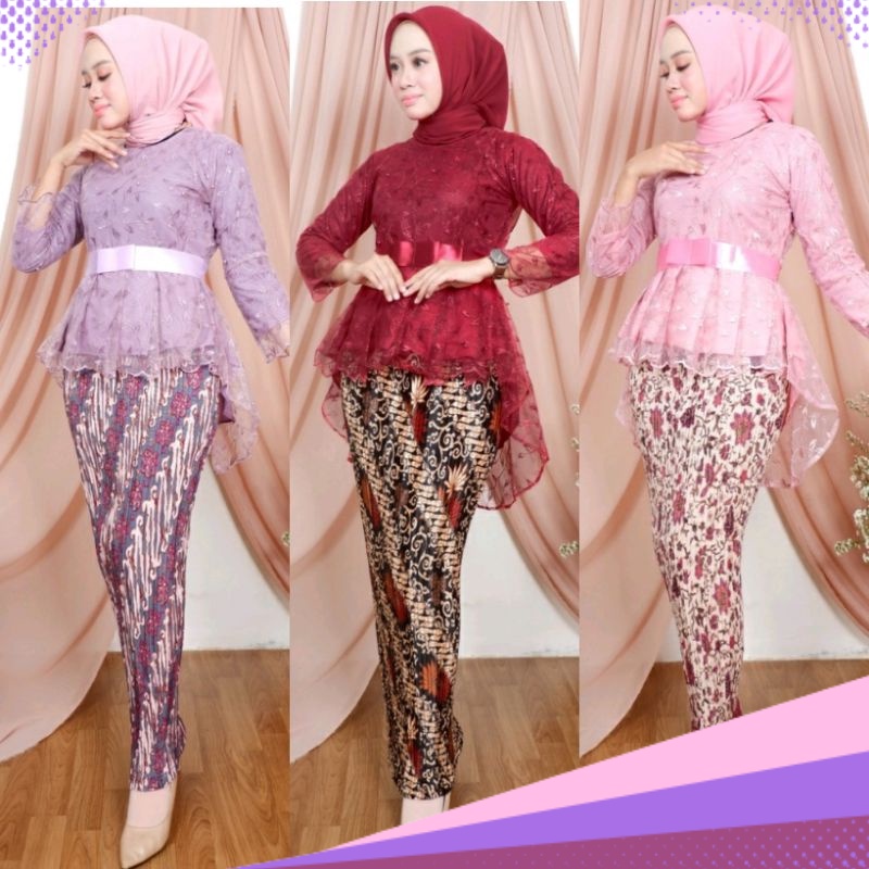 Jual Baju Setelan Kebaya Aurora Tile / Stelan Kebaya Brukat Pinguin