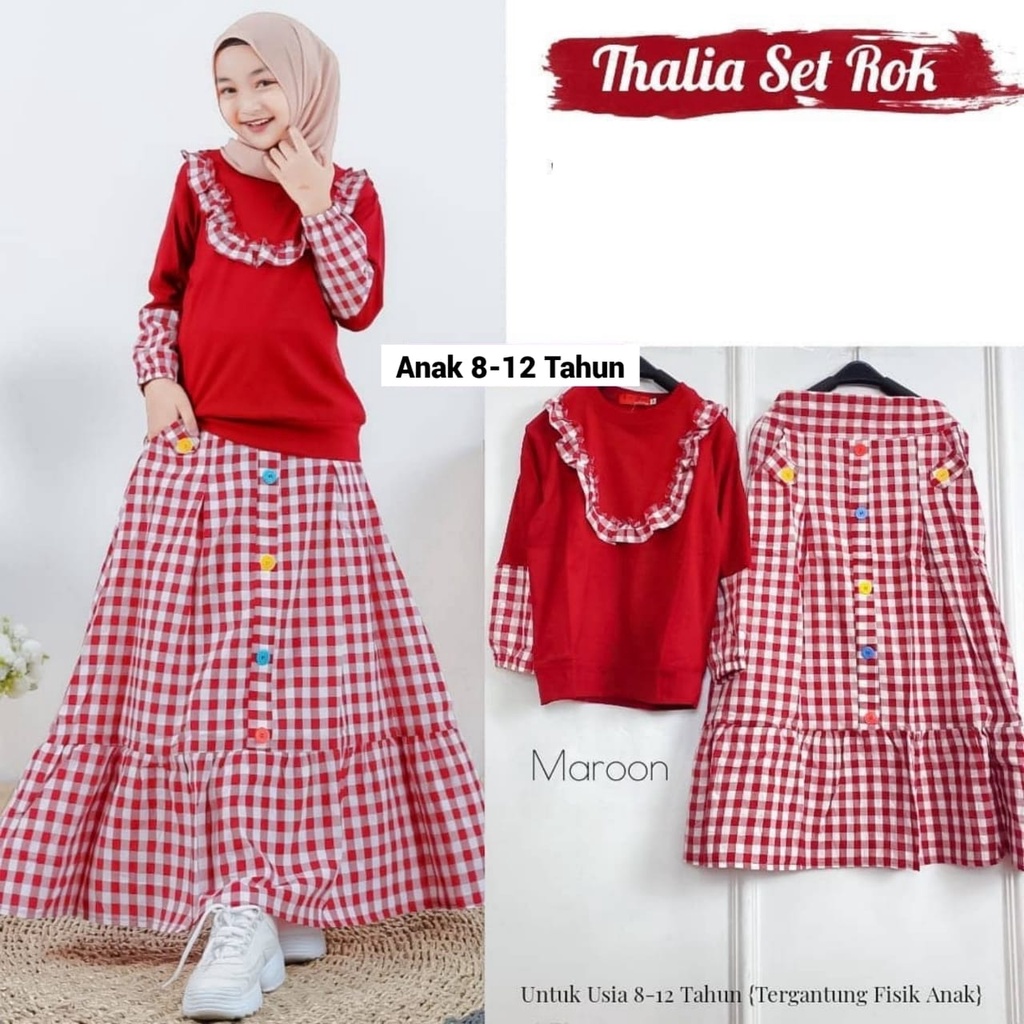 Thalia One Set Kids Baju Setelan Anak Perempuan Muslim Atasan + Rok Matt Katun Kotak Combi Polos Pre