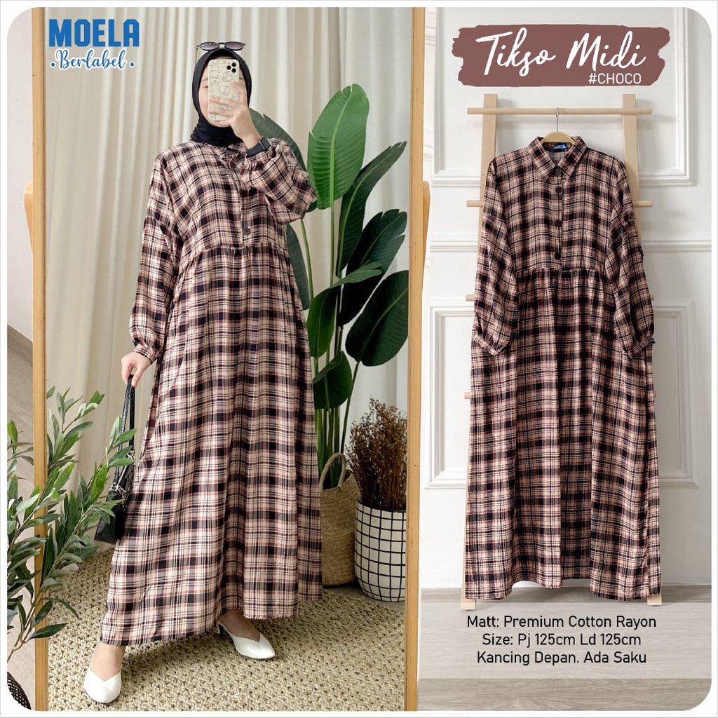 TIKSO MIDI ld 125cm by ORI MOELA Premium cotton rayon saku kotak-kotak MUSLIM berkerah OOTD gamis