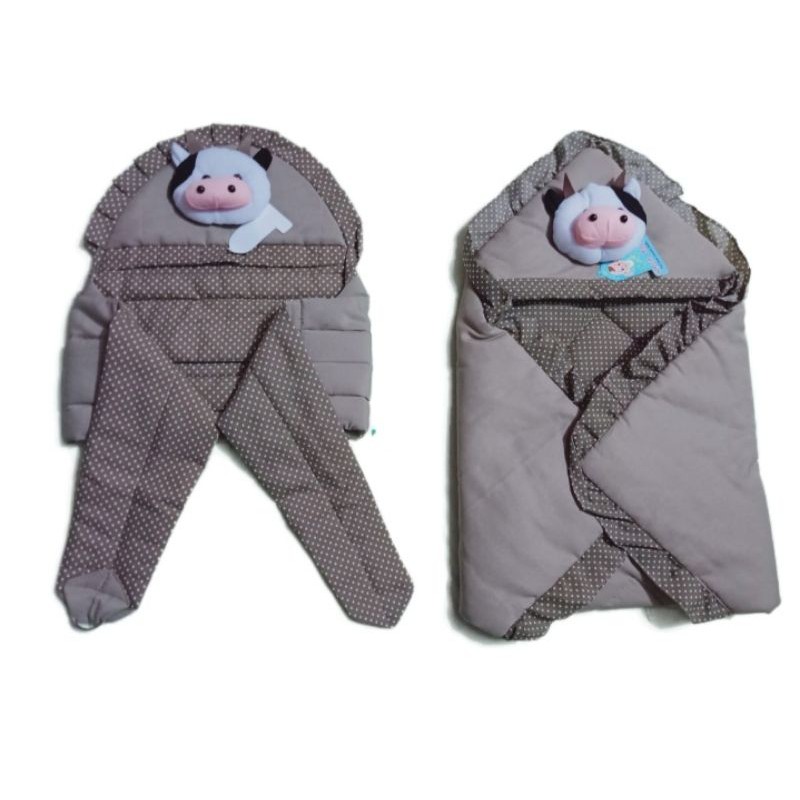 SET 2in1 selimut+gendongan bayi katun twill kepala boneka sapi