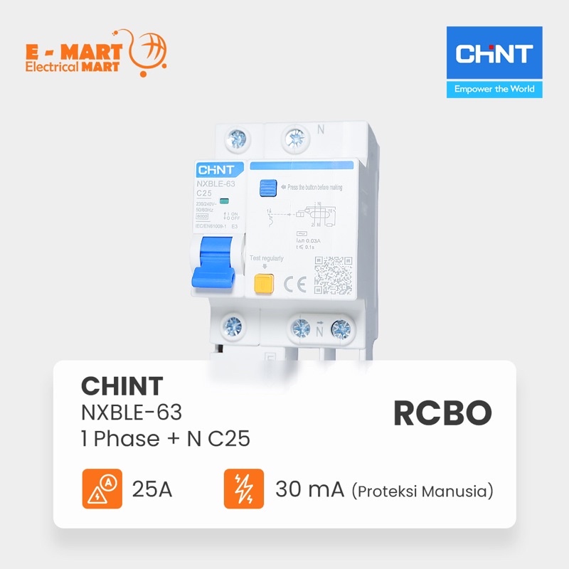 CHINT RCBO RCCB ELCB NXBLE-32 1P 1 Phase 16A 25A 30mA Proteksi Setrum