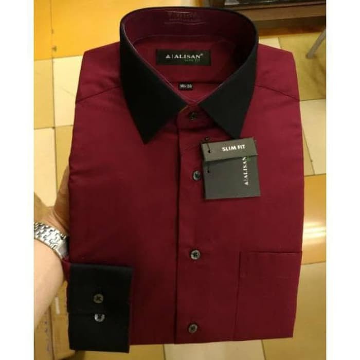 Aman Kemeja Pria Alisan Panjang Slimfit Merah Maroon Kerah Hitam Hot Sale