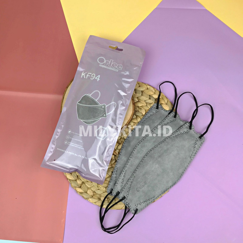 Masker Orlee KF94 4 Ply Earloop Isi 10 Original Emboss  Kemenkes Warna Hitam Abu Putih