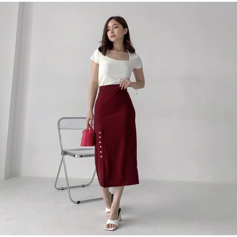 KIM MIDI SKIRT WITH SLIT PREMIUM KOREA - ROK FORMAL OR CASUAL MEWAH - SKIRT 3/4 - ROK KONDANGAN - OFFICE LOOK - ROK KANTORAN - HADIAH / KADO ULTAH WANITA