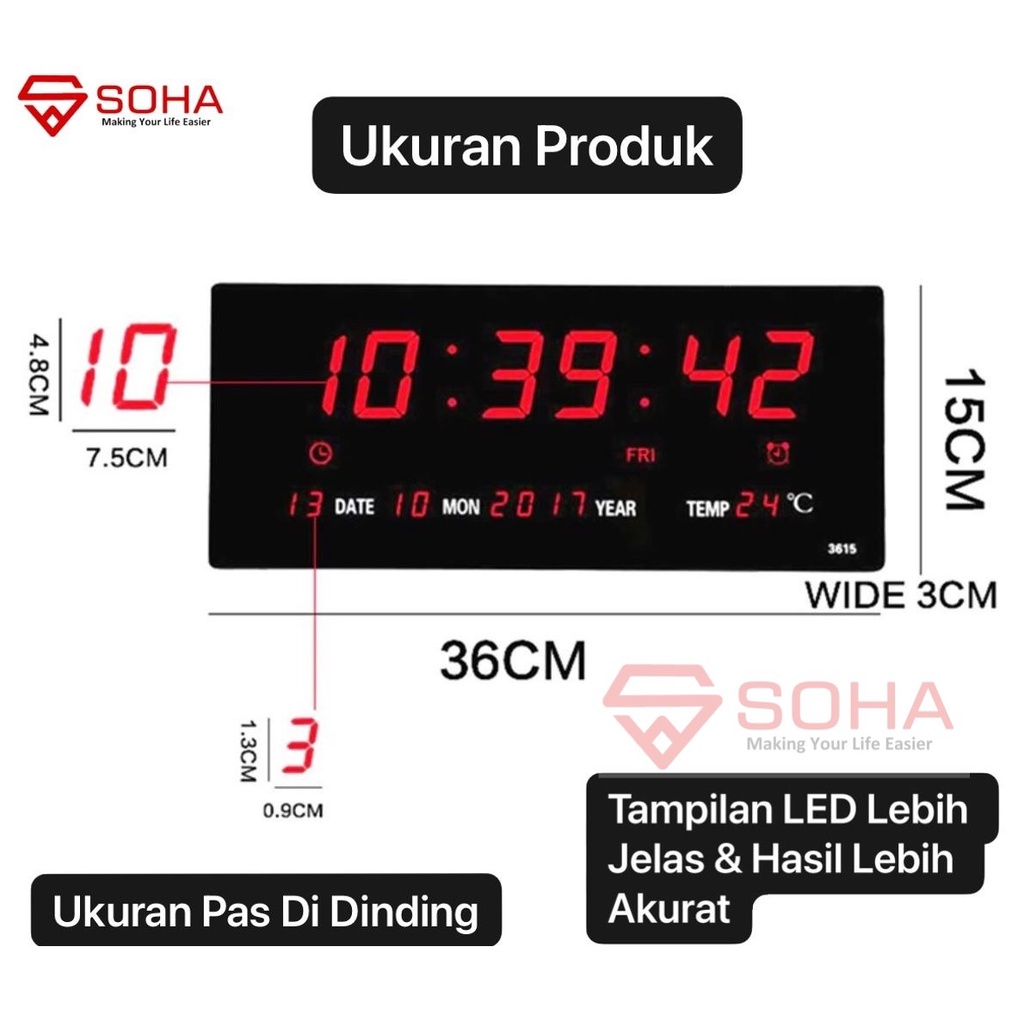 Jam Digital LED Besar Bisa di Dinding / Meja Fitur Jam Hari Tanggal Kalender Alarm Weker Smart Watch Tampilan Jelas Tipe 2613 3615 4622