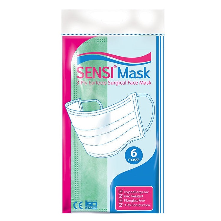 SENSI MASK 3 PLY EARLOOP - 1 PAK ISI 6 PCS / 1 BOX ISI 20PCS (masker kesehatan) Original