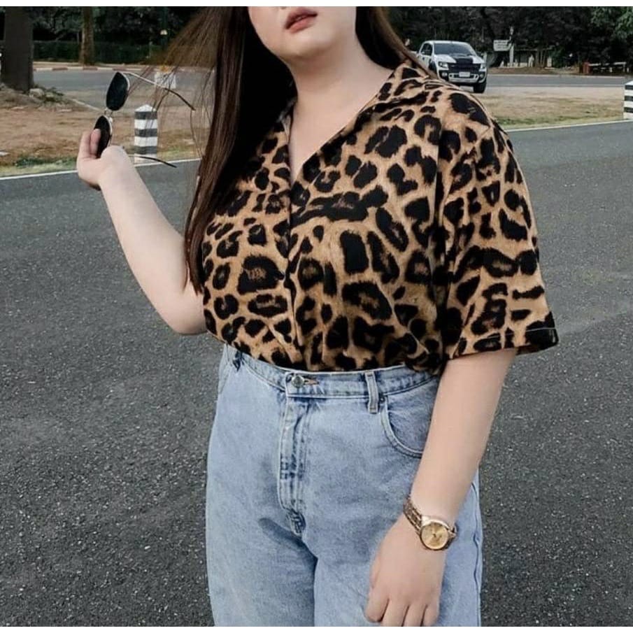 Kemeja Jumbo XXL Leopard Mocca | Kemeja Big Size Lengan Pendek | Baju Atasan Perempuan Stylish | Pak