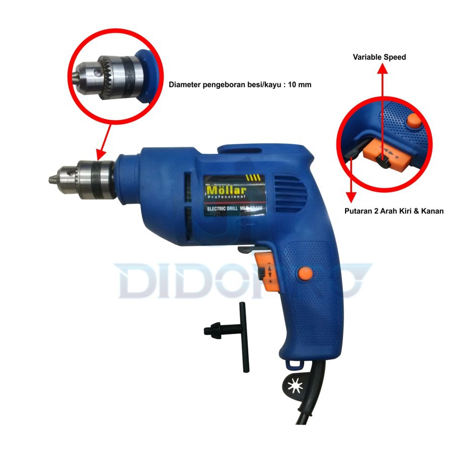 Mesin Bor Tangan Listrik 10mm Mollar Electric Drill Variable Speed BB