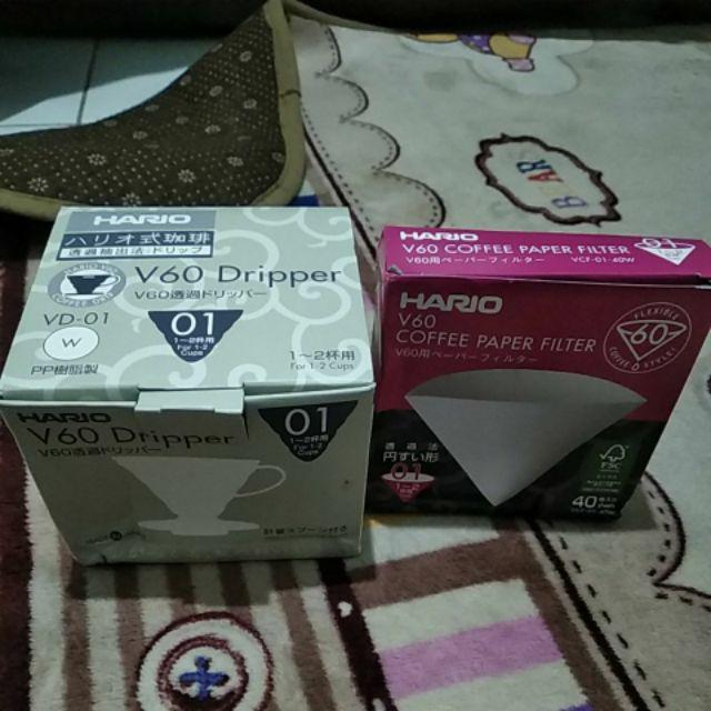 Hario Set V60 Coffee Dripper 01 White & Paper 01 White Isi 40