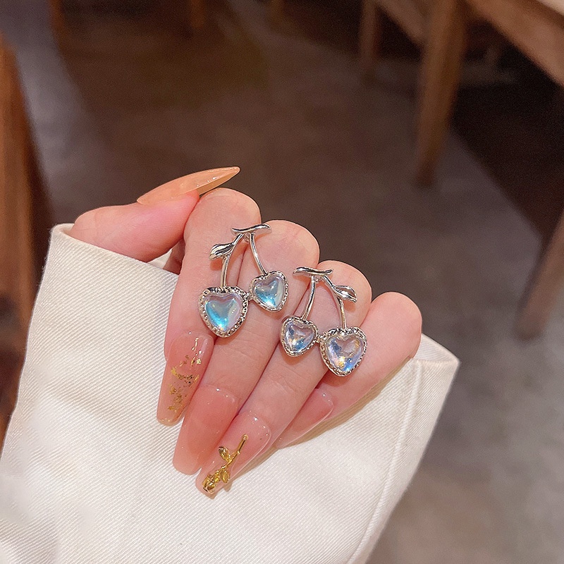 Anting Stud Desain Cherry Moonstone Bahan 925 silver needle Untuk Anak Perempuan