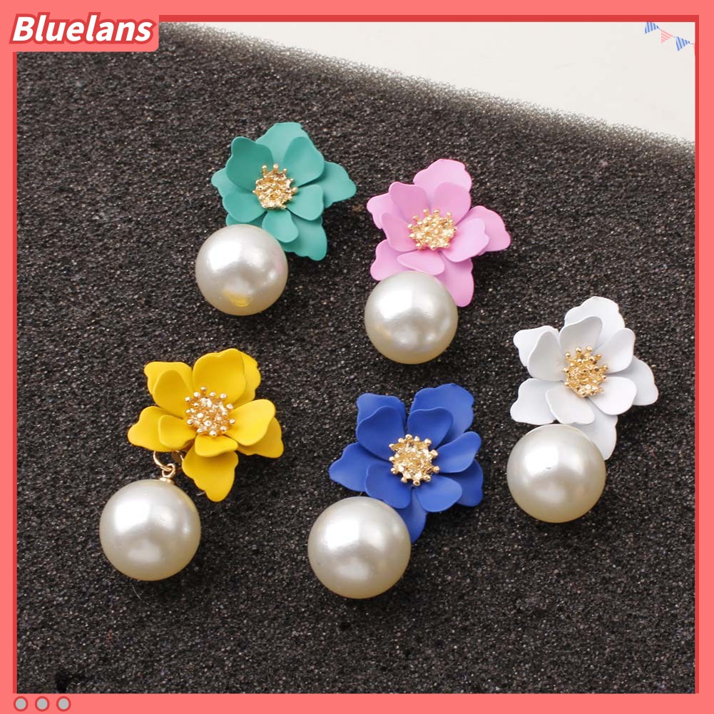 Bluelans Anting Tusuk Gantung Wanita Desain Bunga Resin Hias Mutiara Imitasi Untuk Musim Panas