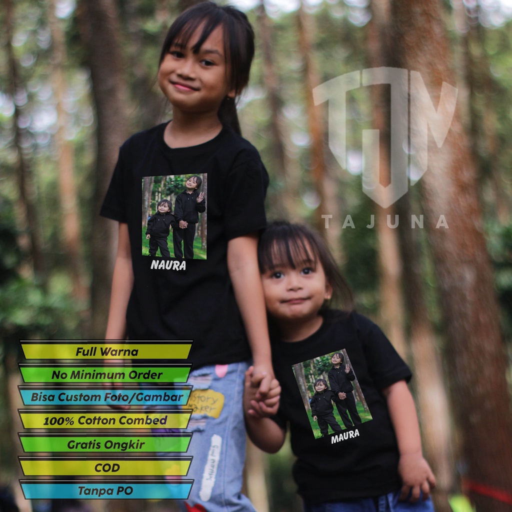 Kaos untuk anak dengan design foto atw karakter kartun favorit di sertai nama