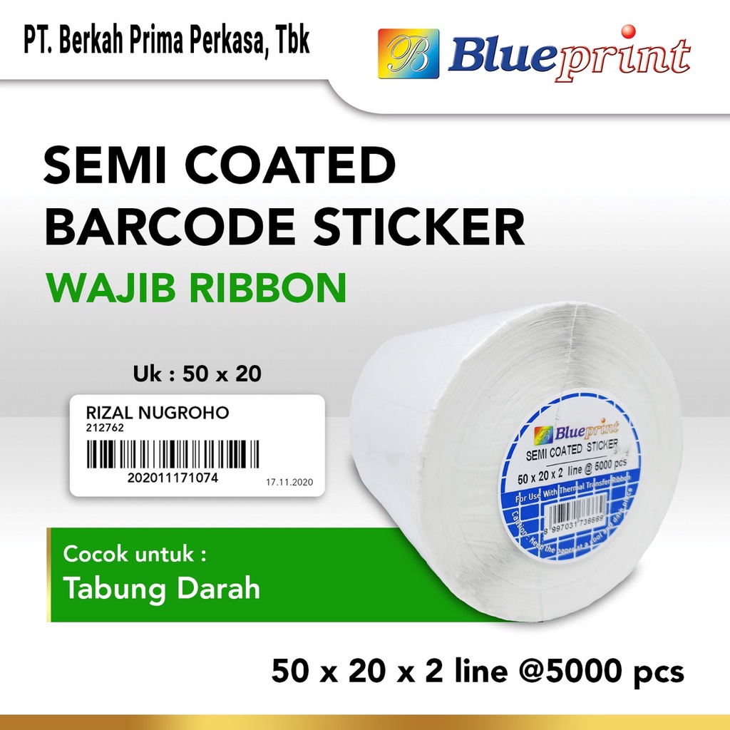 

Sticker label Barcode Semicoated 50x20 mm 2 Line BLUEPRINT Stiker Semi Coated 50 x 20 x 2 Line - 1 Roll