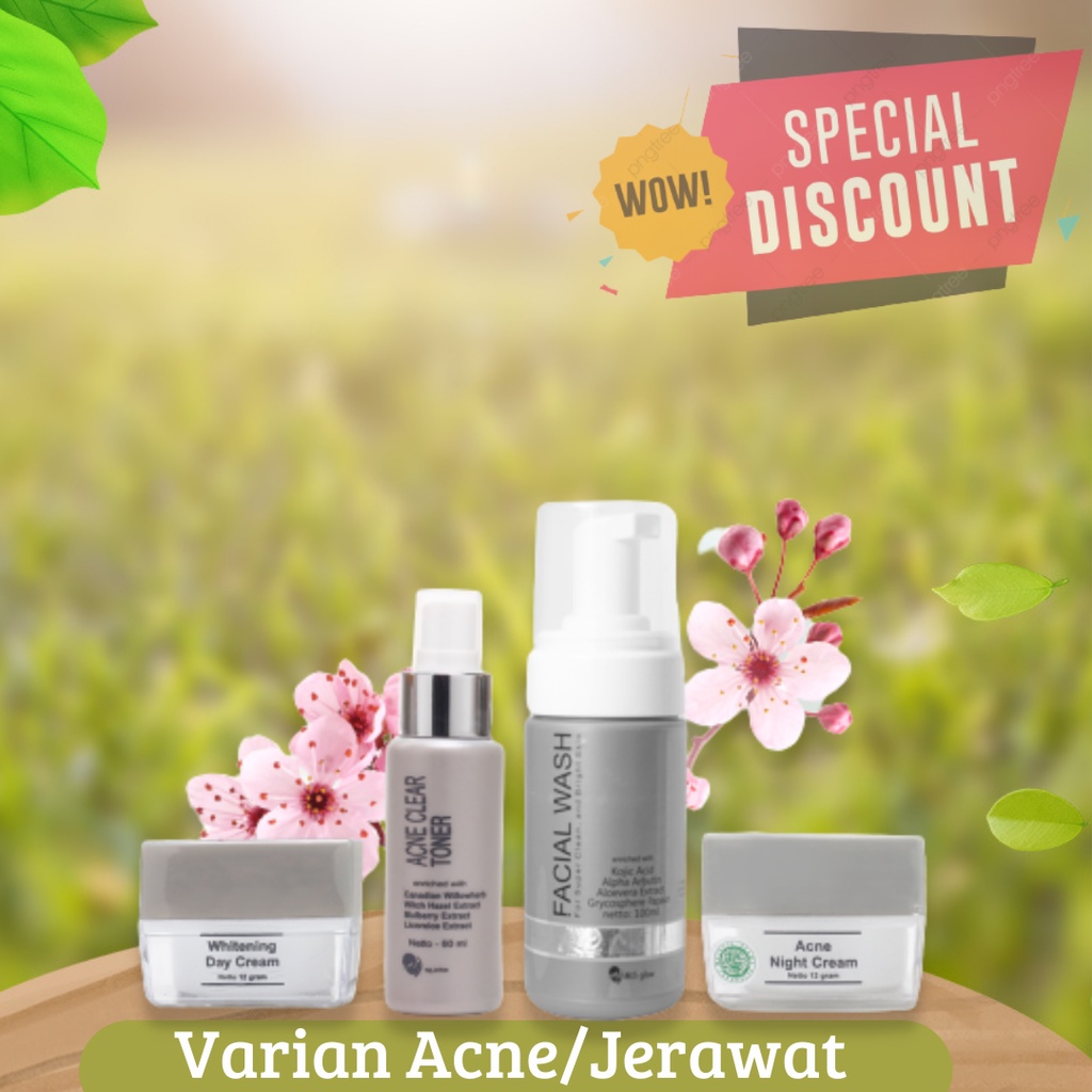 MS GLOW PAKET WAJAH ACNE MENGATASI JERAWAT DAN MINYAK PADA WAJAHORIGINAL [4 PCS + GRATIS POUCH]