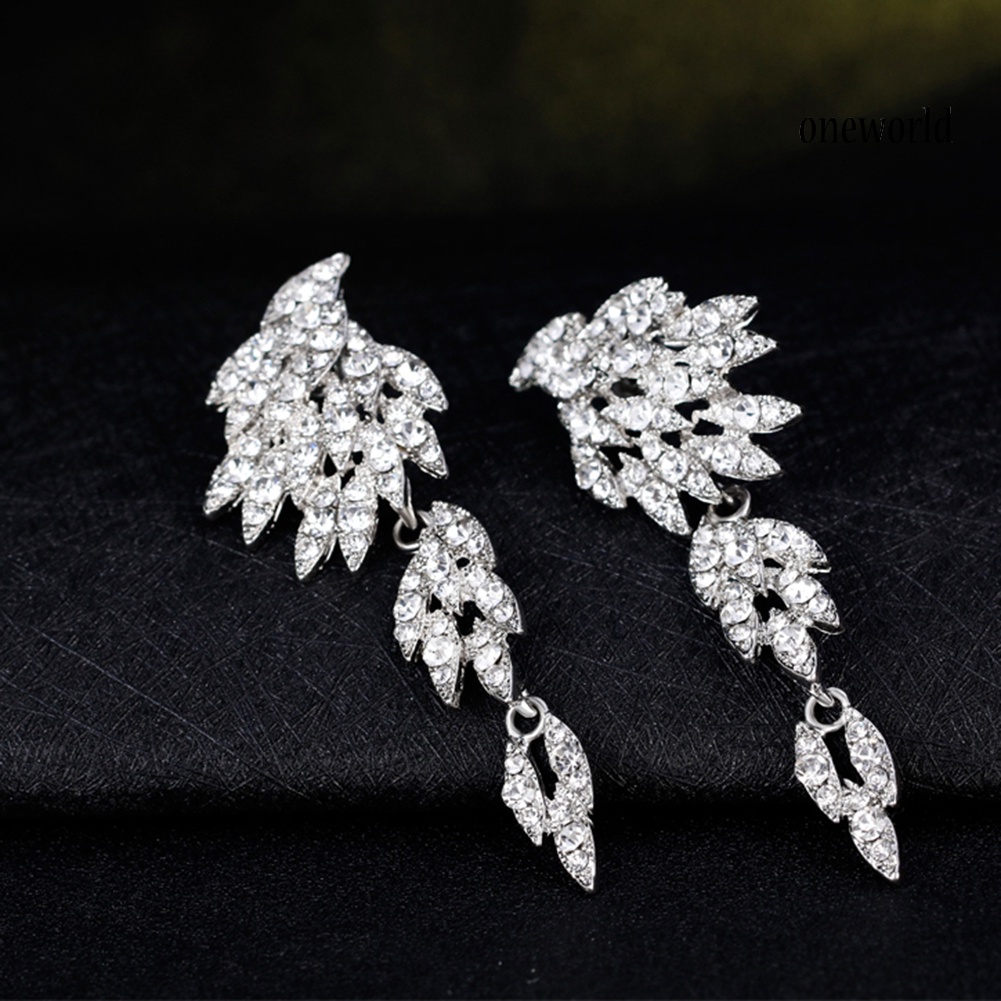 OW@ Elegant Full Rhinestones Wing Dangle Drop Pierced Earrings Women Wedding Jewelry