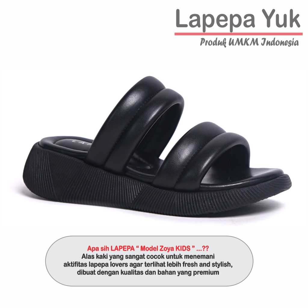 LAPEPA YUK - Sandal Platform Anak Perempuan Usia 2 sampai 10 Tahun ZOYA KIDS Sendal Anak cewek Wedges Wanita Empuk Model Silang Warna BLACK Hitam Ban dua Lucu cewe Slop Usia Umur 3 4 5 6 7 8 9 thn Tahun Premium Ori Original Mall Official Store