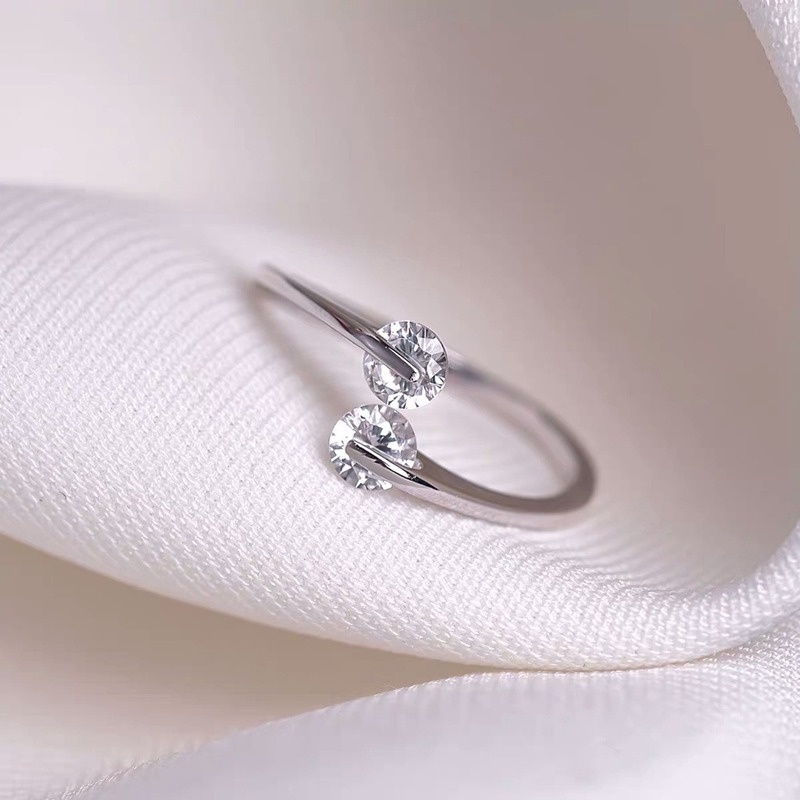 925 Silver Double Diamond Ring Pembukaan Cincin Ukuran Disesuaikan Cincin Sederhana Gaya Korea Cincin Wanita