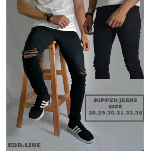 Celana Jeans Pria Skinny Biker Motor Ripped Knee Rips Sobek Robek Black Denim Streact Berkualitas S0