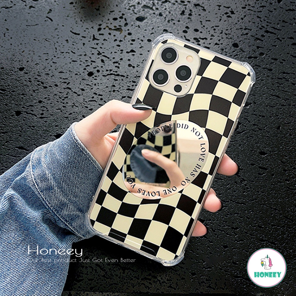 Ins Checkerboard Spin Make Up Mirror Phone Case compatible for IPhone 14 13 12 11 Pro Max X Xs Max XR 8 7 Plus Shockproof Transparent Soft TPU Back Cover