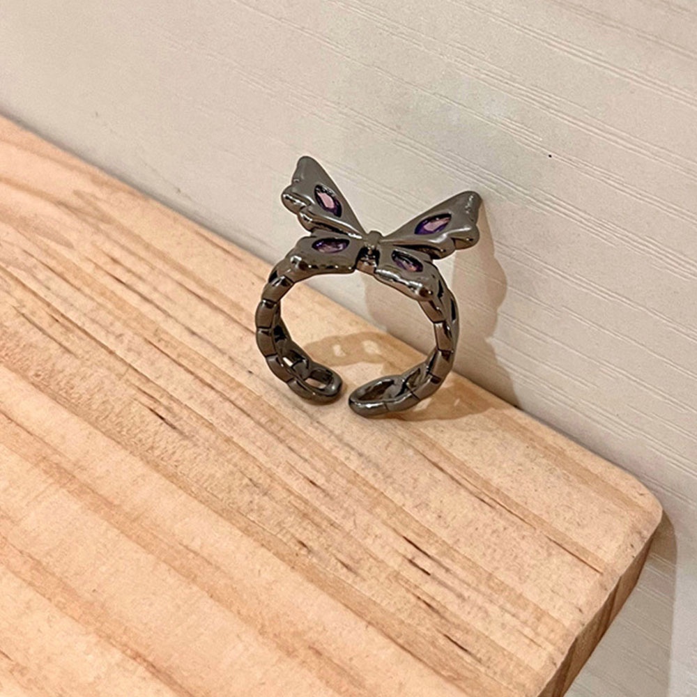 Cincin Wanita Model Terbuka Desain Kupu-Kupu Hias Kristal Ungu Gaya Gothicvintagekorea Adjustable Untuk Pesta