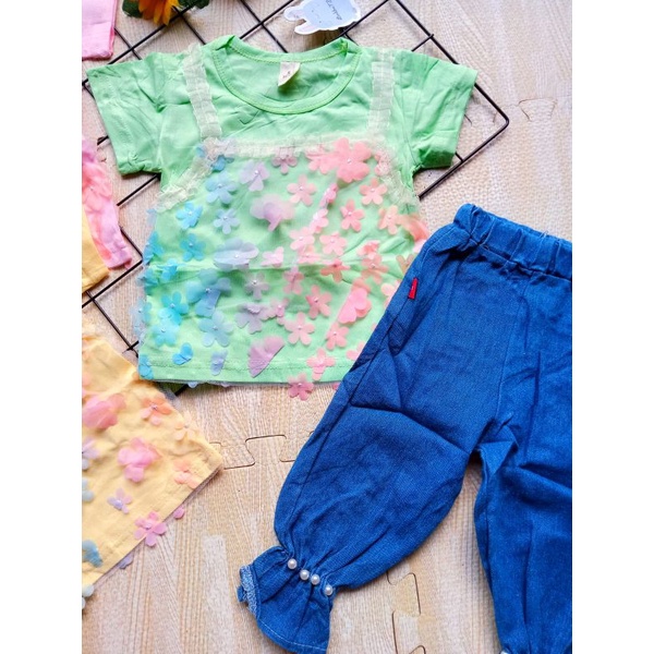 [1-5 TAHUN] SETELAN ANAK PEREMPUAN CELANA JEANS PANJANG MUTIARA IMPORT+KAOS LUCU BAHAN KATUN COTTON BUNGA RENDA 1 2 3 4 5 TAHUN