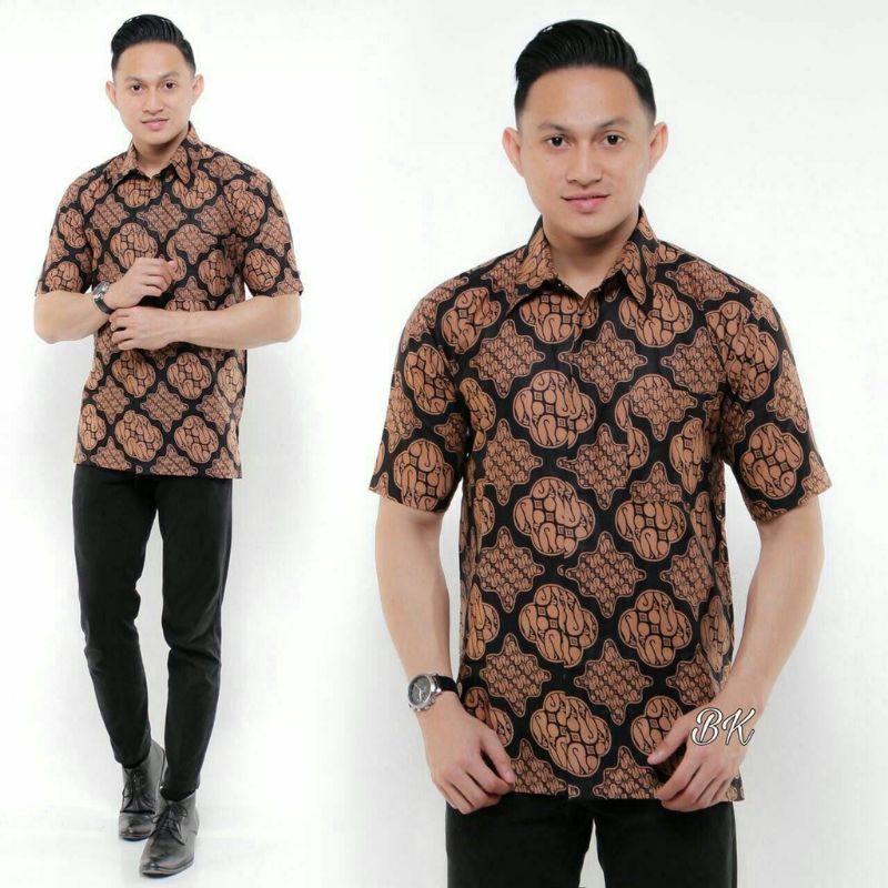 Hem Batik Pria Lengan Pendek Coklat Lawasan/ Batik Pria