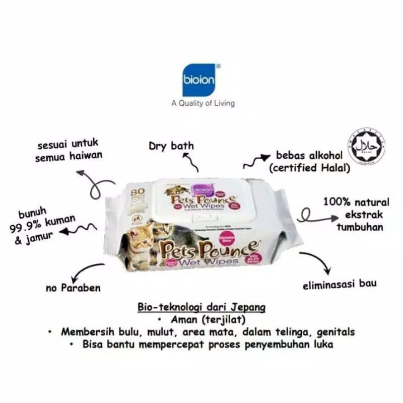 Pets Pounce Wet Wipes non alcohol 80 sheets bioion tissue tisu basah doggy dog pet kucing cat hewan