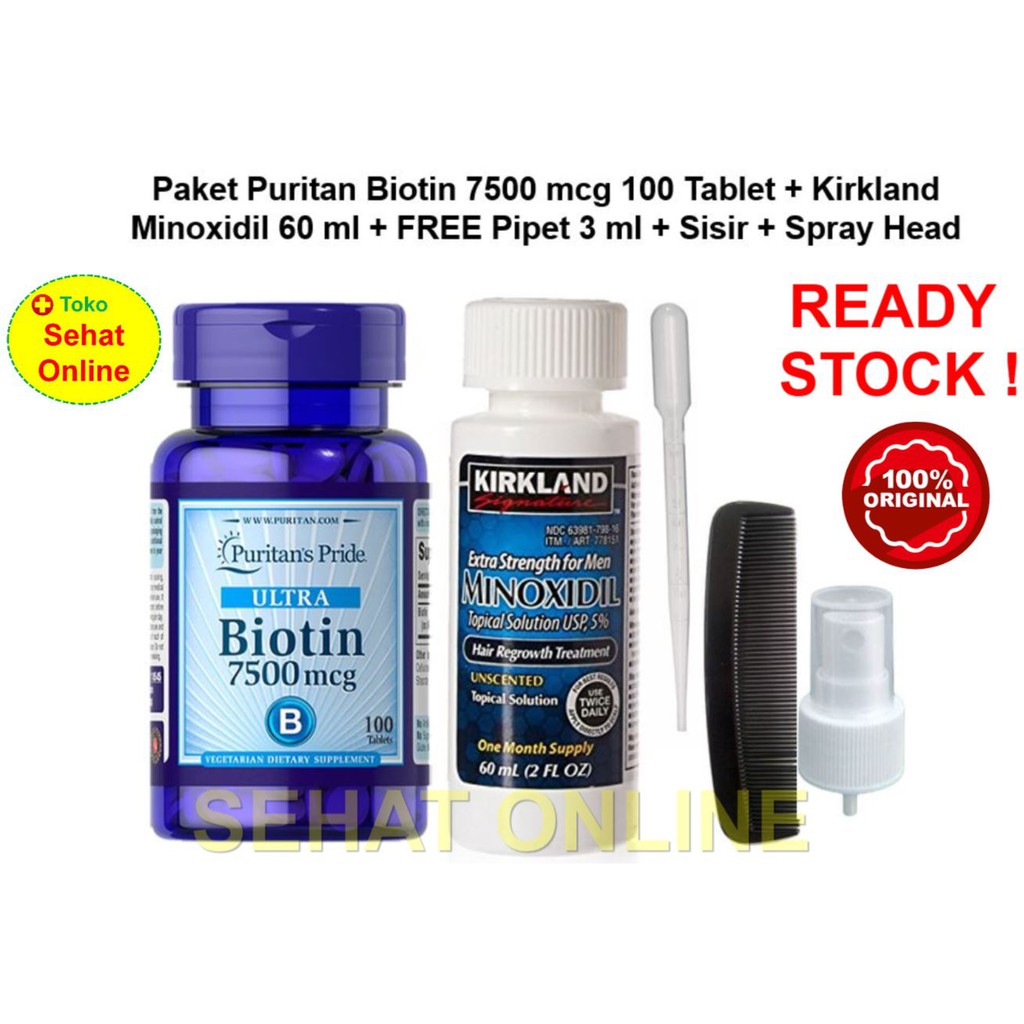 Paket Kirkland Minoxidil 60 ml + Puritan Biotin 7500 mcg 100 Tablet