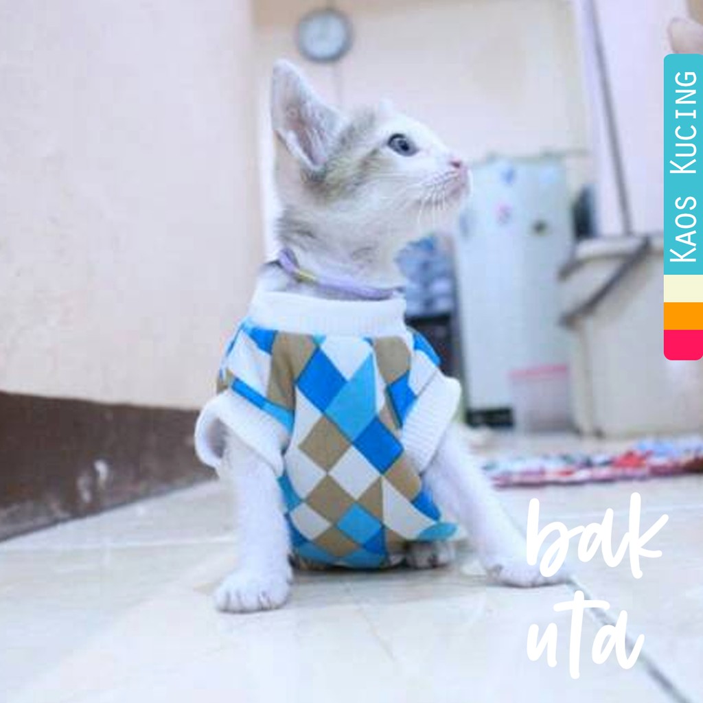 Kaos rumahan motif biru-coklat-putih lucu untuk kucing / baju kucing murah size S M L XL