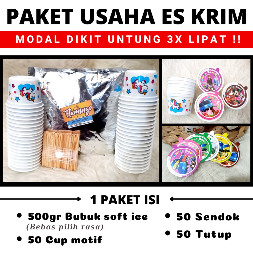 

PAKET USAHA ICE CREAM / BUBUK ES KRIM + CUP + SENDOK + TUTUP / PAKET ES KRIM MURAH LEMBUT