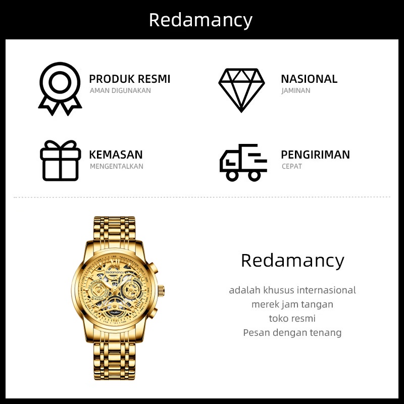 Redamancy Original Jam Tangan Pria Anti Air Luxury bisnis bercahaya Stainless Steel Watch emas murni