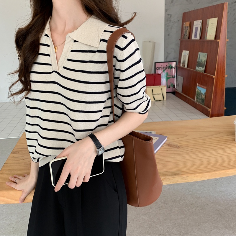 XIAOZHAINV Korean Style Kaos Knit Crop Top Stripe Baju Tunik Atasan Wanita