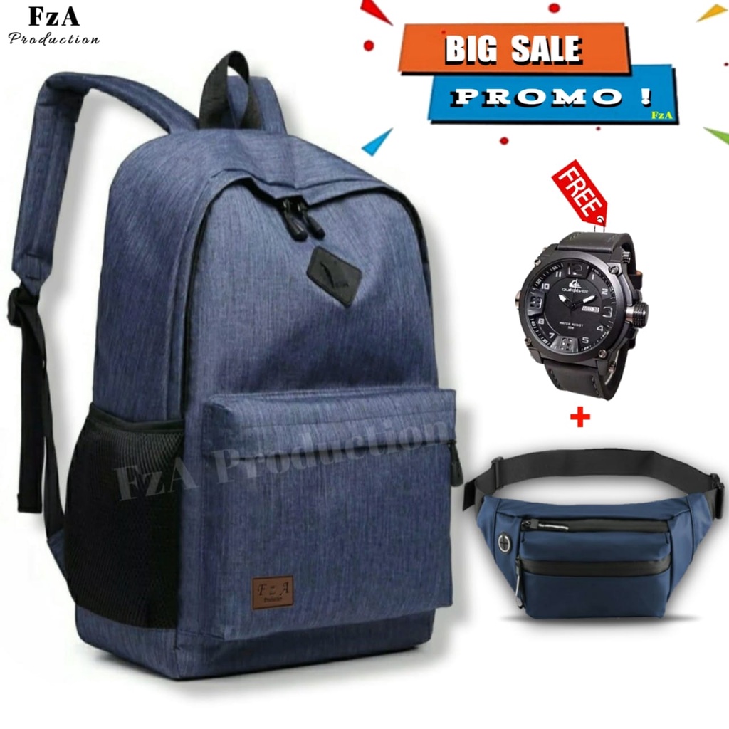 Tas Ransel Gendong Laptop Distro Sekolah Kuliah Pria Wanita Black Murah Original GRATIS Jam Tangan Dan Slempang