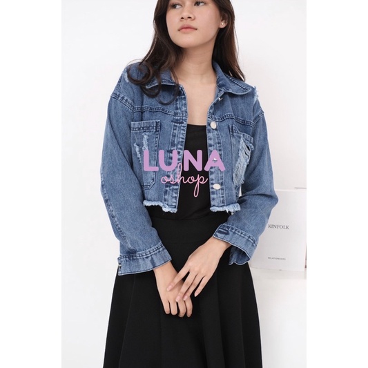 CROP JACKET / JAKET JEANS WANITA / ROMPI JEANS / DESTROY RIPPED