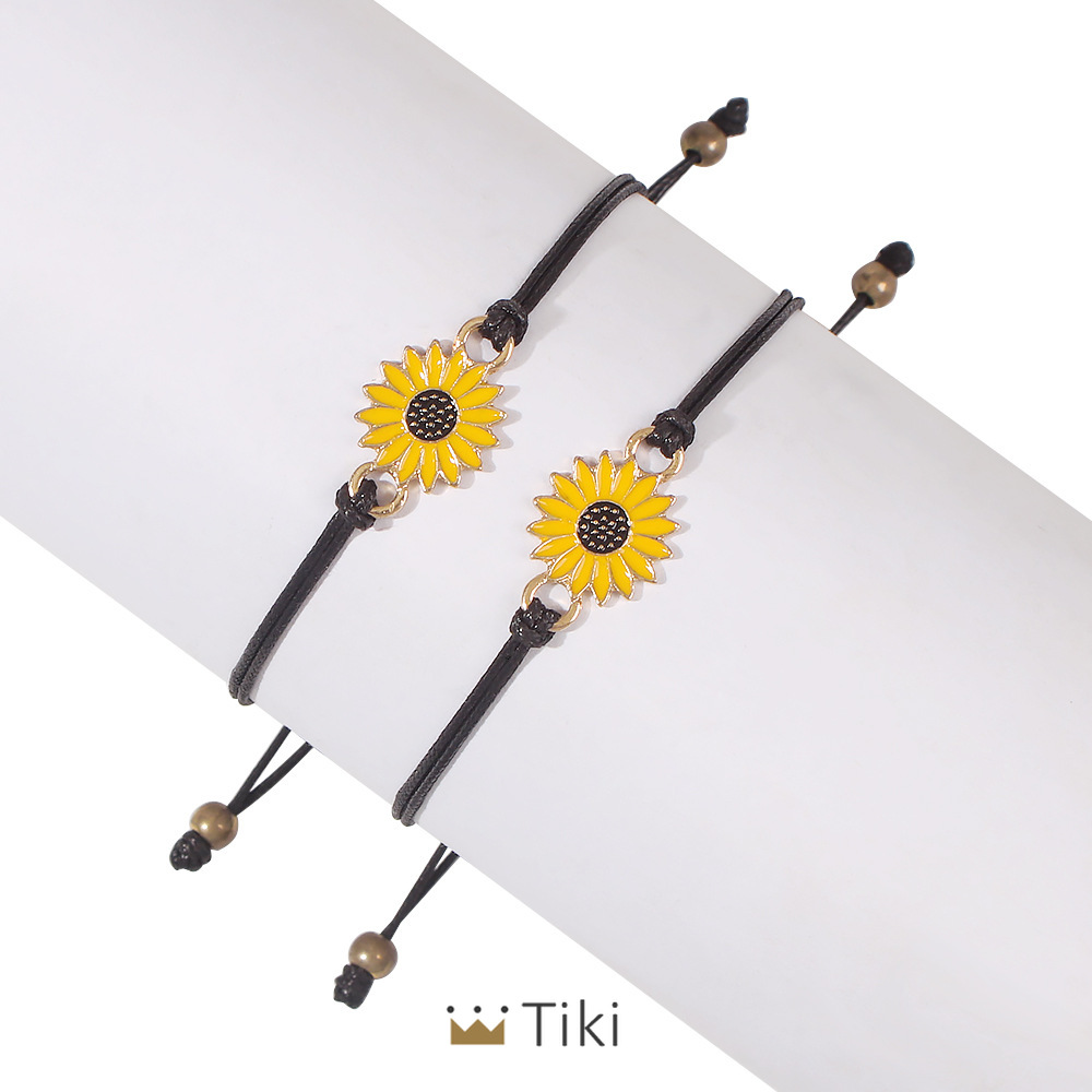 2pcs Gelang Tali Persahabatan Anyaman Krisan Bunga Matahari Fashion Wanita Korea Pria Adjustable Couple Bracelet Daisy Bracelet Hitam-1