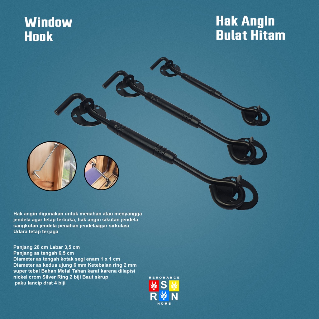 Hak Angin Jendela Coating Hitam Cantolan Penahan 1 pcs 8 Inch/20cm Resonance Home