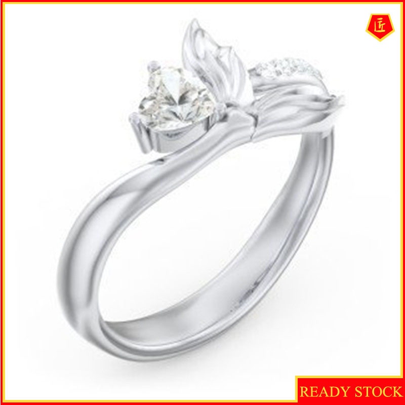 [Ready Stock]S925 Silver Fishtail-Shaped Inlaid Heart-Shaped Diamond Ring Simple and Stylish