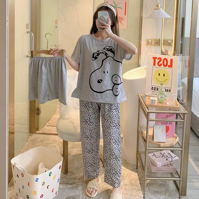 AJW Shop Piyama 3in1 | Piyama Import Dewasa | Setelan Wanita Kekinian | Baju Tidur Wanita Dewasa-Snoopy Leopard