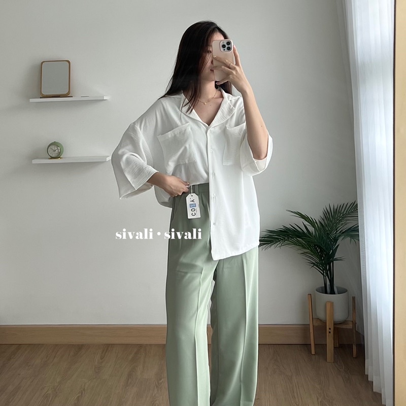 SIVALI Saff Top | Kemeja Loose Crinkle Double Pocket - Oversized Loose Shirt - Atasan Wanita