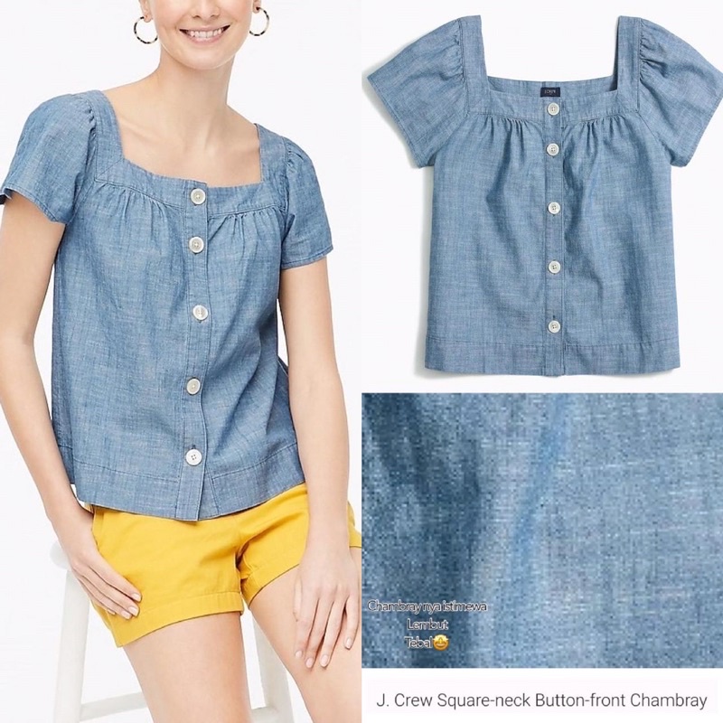Blus Denim Blouse J Crew Chambray Button Square Neck Blue Jeans