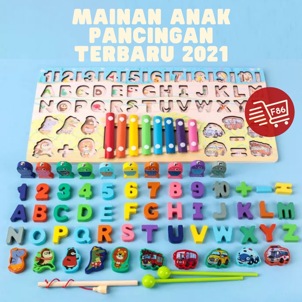 Mainan edukasi murah puzzle kayu ontessori Papan pancing xylophone anak 5 in 1