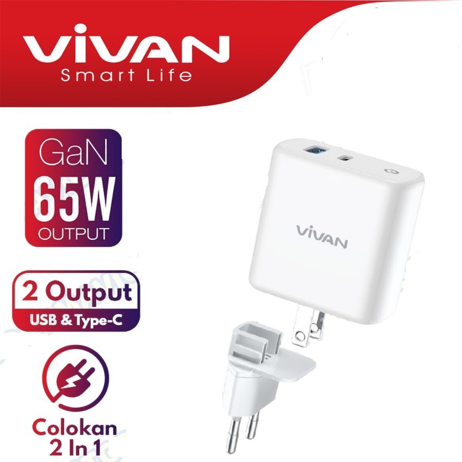 Ready VIVAN Adaptor Charger GaN02 65W 5.4A Batok Charger QC4.0 USB &amp; Type C