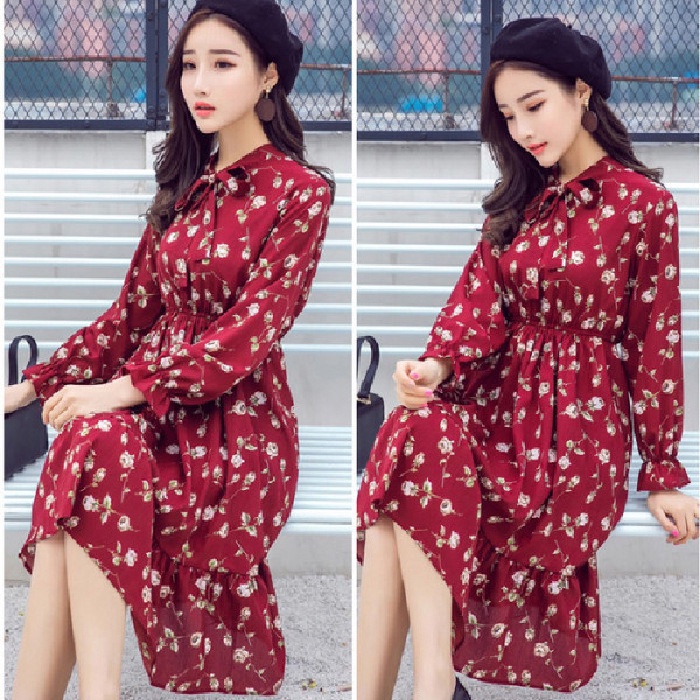 COD 2022 New Fashion Korea Red Blue Midi A-line Dress Merah Wanita Midi Dress Korea Lengan Panjang Muslimah Motif Bunga Panjang Gaun