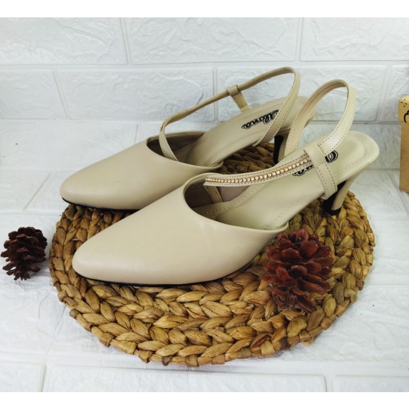 Higheels Sepatu Big size woman 41-45 SLOP Mutiara ALN Pesta Cantik Kulit Krem Size JUMBO, 45