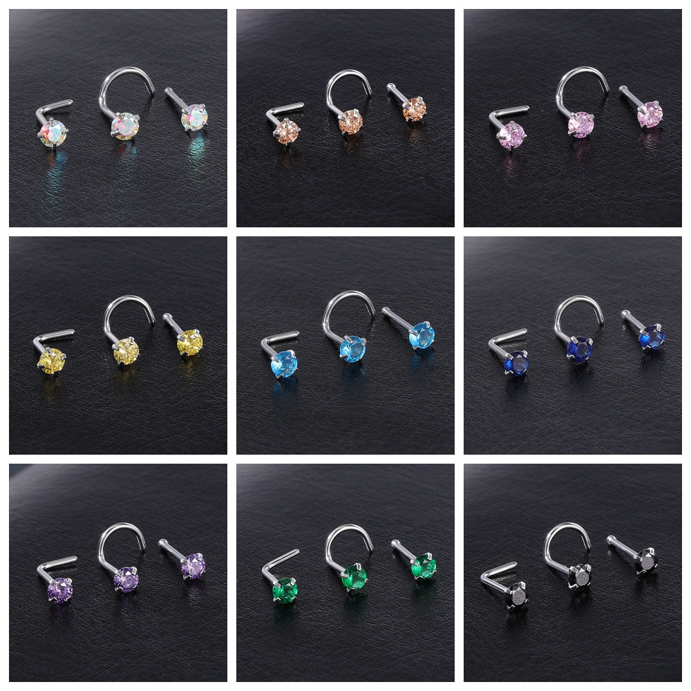 3-12Pcs/lot Color Crystal Nose Piercing Set 20G Stainless Steel Nose Studs 3mm L Shape S Shape Nostril Piercing Jewelry