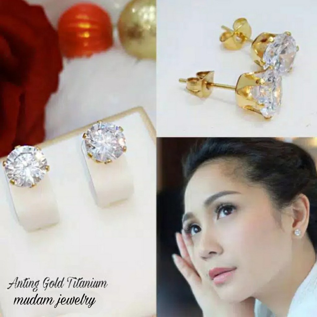 Anting Tusuk Wanita Titanium Permata Anti Karat gold