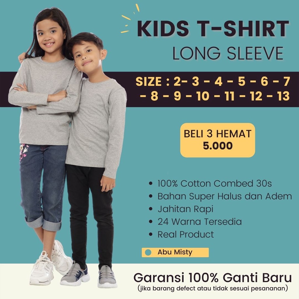 Kaos Anak Perempuan Laki Lengan Panjang Cotton Combed 30s Baju Polos Oblong Anak Cowok Cewek Katun H