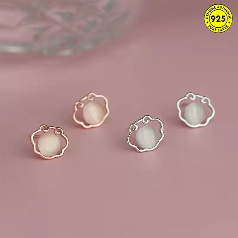 White Cat Eye Ruyi Longevity Lock Stud Earrings Female Chinese Style Retro Earrings Temperament Gentle Lady's Earrings