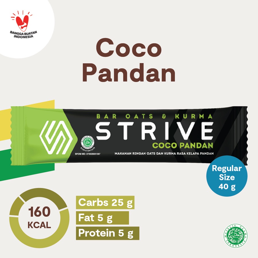 

Strive Energy Bar Coco Pandan 40g Snack Bar Camilan Sehat BPOM HALAL