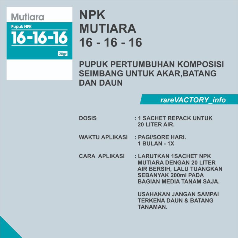 Pupuk NPK Mutiara 16-16-16 Original - Pupuk Tanaman Komposisi Seimbang kemasan Repack 20gram